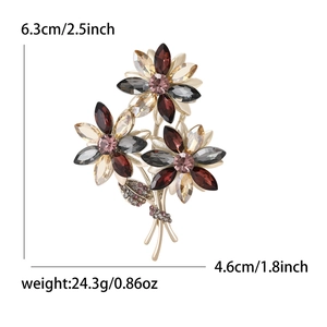 Elegant floral bouquet brooch with multi-colored crystals and gold-plated alloy base