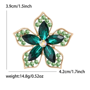 Broche fleur dorée élégante avec strass verts, bijou cristal de luxe 3.9x4.2cm pour femme