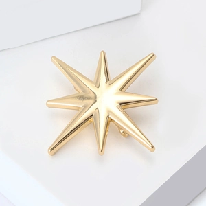 Vue macro d'une broche étoile octogonale dorée avec finition miroir polie sur socle blanc