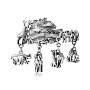 Vintage silver Noah's Ark brooch featuring hanging animal charms for suits and shirts