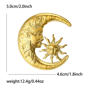 Golden stainless steel sun and moon brooch with textured celestial pattern design