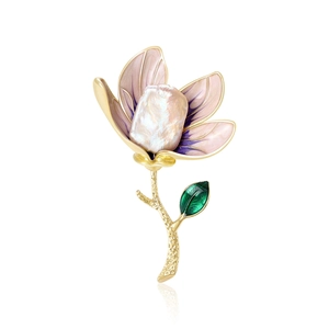 Elegant Magnolia Flower Brooch Pin With Artificial Baroque Pearl Gradient Enamel Gold Plated Jewelry For Women Dress Party Suit