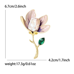 Elegant magnolia flower brooch with pink enamel petals and baroque pearl, 6.7cm x 4.2cm