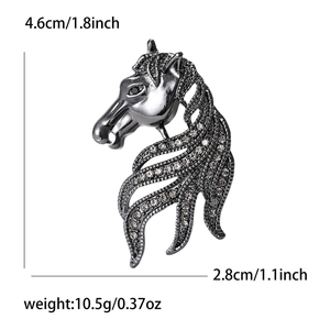 Retro horse head brooch in gunmetal finish with white rhinestones and dimensions