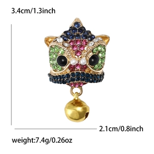 Chinese retro lion dance head brooch with colorful rhinestones and gold bells