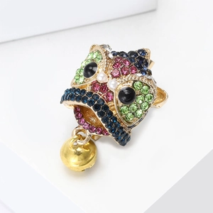 Chinese lion dance brooch with colorful rhinestones, pearls and a hanging bell charm