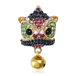 Traditional Chinese Lion Dance Brooch Alloy Colorful Rhinestone Faux Artificial Pearl Gold Tone Bell Pendant Women Fashion Jewelry