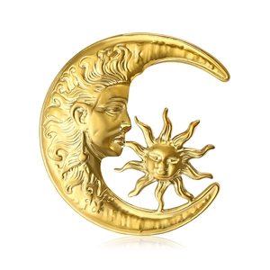 Vintage Personified Sun And Moon Stainless Steel Brooch Pin For Women Men Personalized Celestial Jewelry Gold Silver