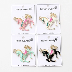 Detailed set of four colorful horse enamel brooches with rhinestones and display cards