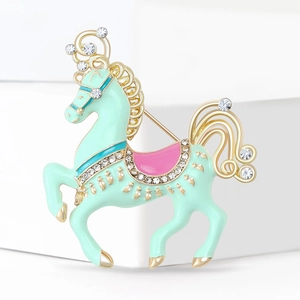 Cute enamel rocking horse brooch with rhinestones and gold-plated finish for women