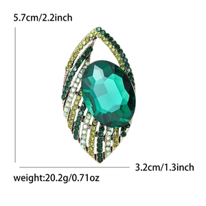Spilla a foglia elegante con gemma verde grande e strass multicolore, dimensione 5,7 cm