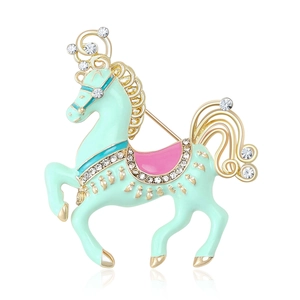 Charming carousel horse brooch in gold alloy with mint green enamel and sparkling rhinestones