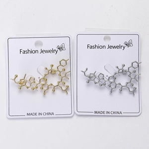 Detailed close-up of chemical molecular structure earrings in gold and silver finishes