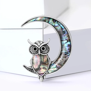 Retro moon owl brooch with iridescent abalone shell inlay and sparkling crystal accents