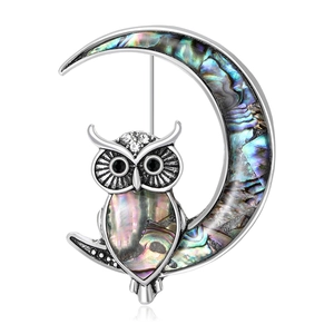 Vintage Antique Silver Moon Owl Shell Brooch Rhinestone Inlaid Fashion Suit Lapel Pin Jewelry Accessory For Women Men