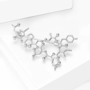 Detailed silver chemical molecule structure brooch with polished metallic finish and pin