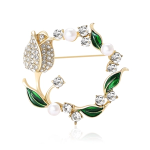 Elegant Tulip Wreath Brooch Pin Alloy Rhinestone Faux Artificial Pearl Enamel Flower Brooch For Women Party Wedding Clothing Accessories