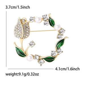 Elegant gold tulip wreath brooch with white rhinestones and pearls for women