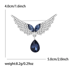 Spilla ad ali di angelo argentata con gemme blu e strass lucenti, 5cm di larghezza