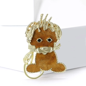 Élégante broche lion en or avec émail marron et yeux en pierres précieuses noires