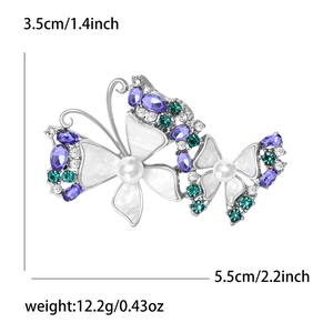 Detailed size specifications of the butterfly brooch with pearls and purple crystals