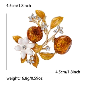Chinese style branch brooch with orange persimmon fruit and white flower with rhinestones