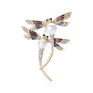 Élégante Broche Libellule en Alliage Émaillé Strass Künstliche Perle Double Libellule Bijoux Pour Femmes Mariage Fête