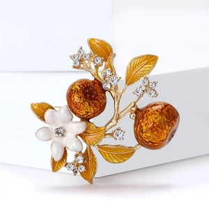 Vintage Chinese Style Enamel Persimmon Brooch For Women Alloy Fruit Flower Rhinestone Lapel Pin Jewelry Accessory