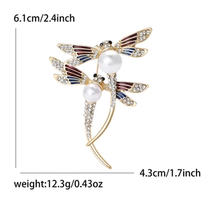 Élégante broche double libellule en alliage doré avec perles et émail pour vêtements