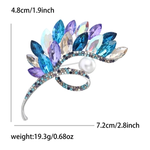 Elegante Brosche in Ährenform mit bunten Kristallen und Perle, Größe 7,2 x 4,8 cm