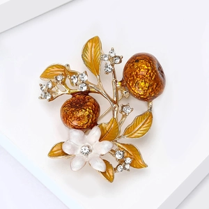 Elegant Chinese style persimmon brooch with orange enamel fruits and zircon flower