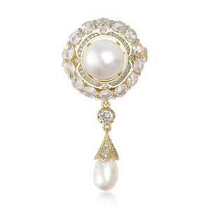 Vintage Court Style Freshwater Pearl Copper Brooch For Women Micro Inlaid Zirconia Flower Lapel Pin Luxurious Elegant Jewelry Accessories Gift
