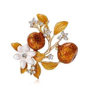 Chinese style vintage gold brooch with orange enamel fruit and white zircon flowers