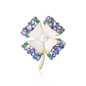 Elegante Broche de Trébol de Cuatro Hojas Con Madreperla Perla Artificial de Imitación Zirconia Cúbica Púrpura Verde Broche de Aleación Mujer Joyería