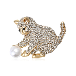 Broche Chat Mode en Alliage Incrustée de Strass Avec Imitation Künstliche Perle Élégante Épingle Animal pour Robe Femme Banquet