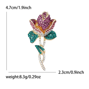 Broche élégante en forme de rose avec strass colorés et dimensions de taille en cm