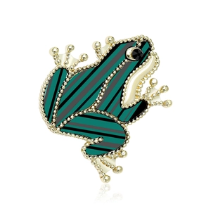 Cute Green Striped Frog Acrylic Brooch With Rhinestone Eye Gold Plated Animal Shape Badge Fashion Jewelry Lapel Pin For Women