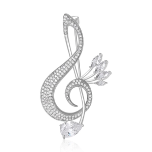 Elegant silver musical note brooch with sparkling cubic zirconia for formal suits
