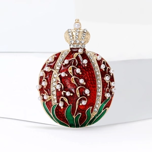 Vintage pomegranate crown brooch with red enamel, white pearls and sparkling crystals
