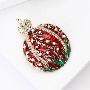 Elegant crown pomegranate brooch with red enamel, white pearls and sparkling crystals