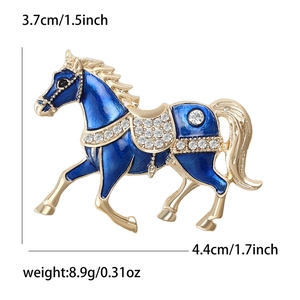 Detail showing blue enamel horse brooch dimensions 3.7x4.4cm with gold plating