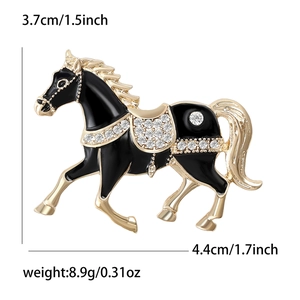Detail showing horse brooch dimensions 4.4x3.7cm with black enamel and white rhinestones