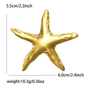 Broche étoile de mer dorée en acier inoxydable poli avec texture, taille 6,0x5,5 cm
