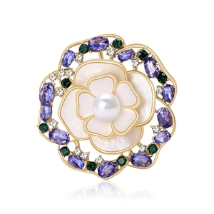 Élégante Broche Fleur de Camélia Coquille Perle Artificielle Strass Incrusté Vintage Or Argent Épingle Bijoux de Mode