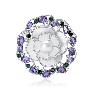 Broche fleur élégante en nacre avec pierres violettes, perle d'eau douce et base argent