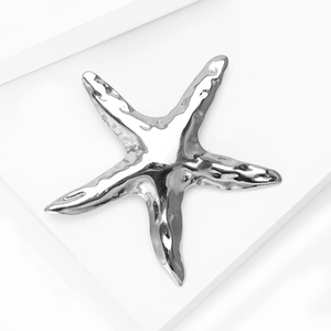 Vue macro d'une broche étoile de mer argentée avec finition miroir sur socle blanc