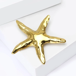 Détail macro d'une broche étoile de mer dorée polie avec une surface métallique texturée