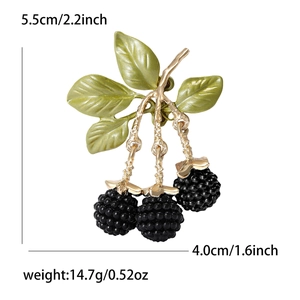 Enamel blackberry fruit brooch with green leaves and gold stem including size measurements