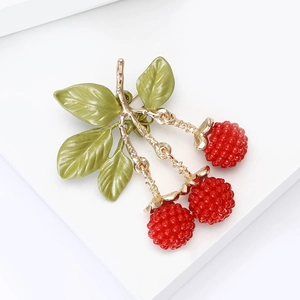 Elegant gold blackberry brooch with red berries and green enamel leaves for women