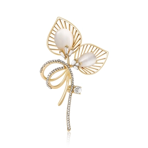 Élégante Broche Feuille Évidée Avec Pierre Œil de Chat Artificielle Strass Incrusté Épingle en Alliage Bijoux Mode Femme
